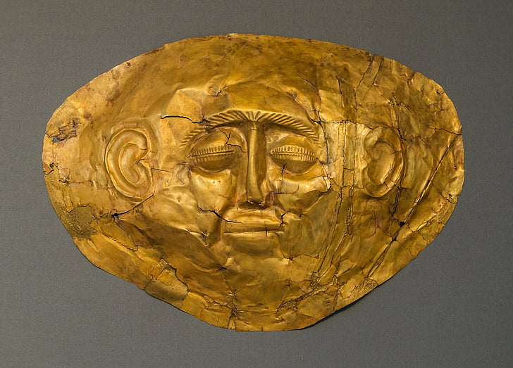 gold, funeral mask, ancient, death, burial, face, museum