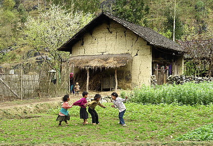 cuatro niños jugando, flores de ciruela blancas, primavera, casa de barro y paja, personas, niño, familia