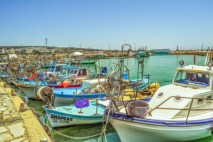 Porto, Barcos de pesca, Ilha, Verão, cenário, Mediterrâneo, Ayia napa