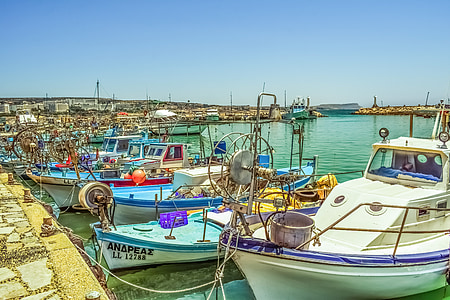 Porto, Barche da pesca, Isola, estate, paesaggio, Mediterraneo, Ayia napa