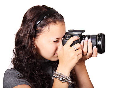 fotocamera, digitale, attrezzature, donna, ragazza, isolato, lente