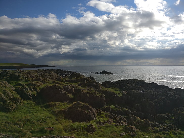 krasts, Skotija, ainava, pludmale, mākoņi, ezers, tītais debesis