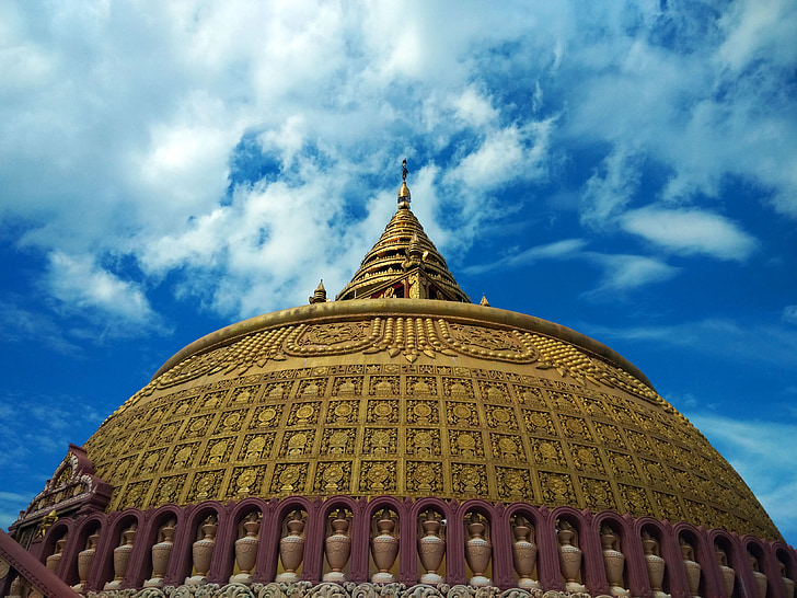 pagoda, religion, burma, blue, gold, dome, zenith
