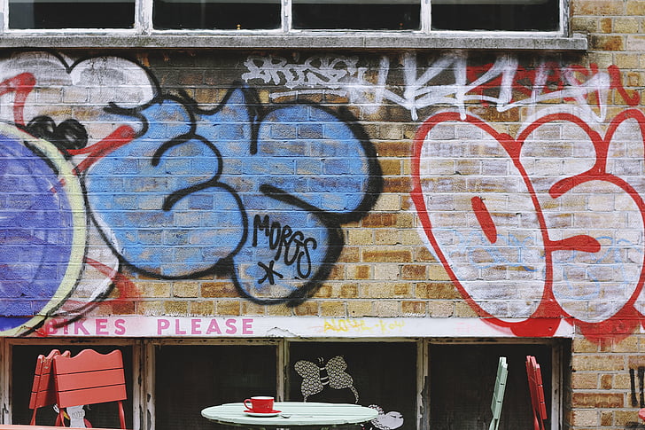 wall, bricks, paint, vandal, art, letters, table
