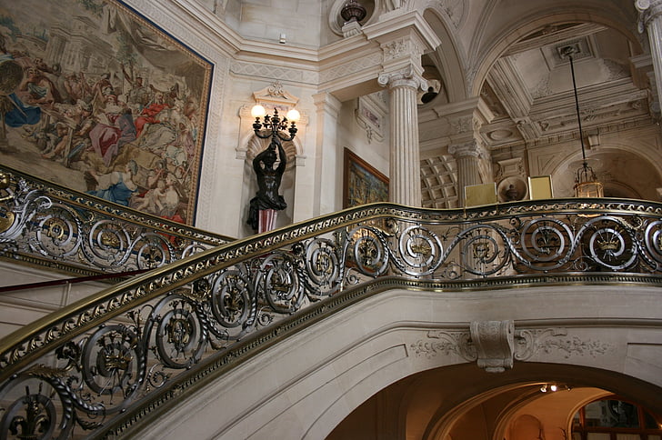 a Château de Chantilly kastély, kapaszkodó, lépcső, Franciaország, építészet, díszes, építészeti oszlop