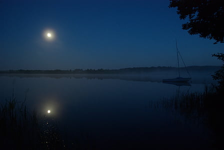 csónak, Hold, éjszaka, Lengyelország, természet, csendes, táj