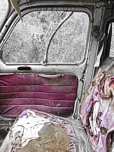 cotxes antics, abandonat, interior, entapissats, esvalotat, anyada, Renault f4