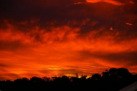 posta de sol, vermell, horitzontal, núvols, llum del sol, taronja, bonica
