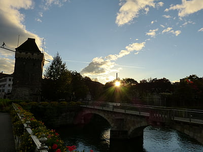 Esslingen, Západ slunce, obloha, staré město, slunce