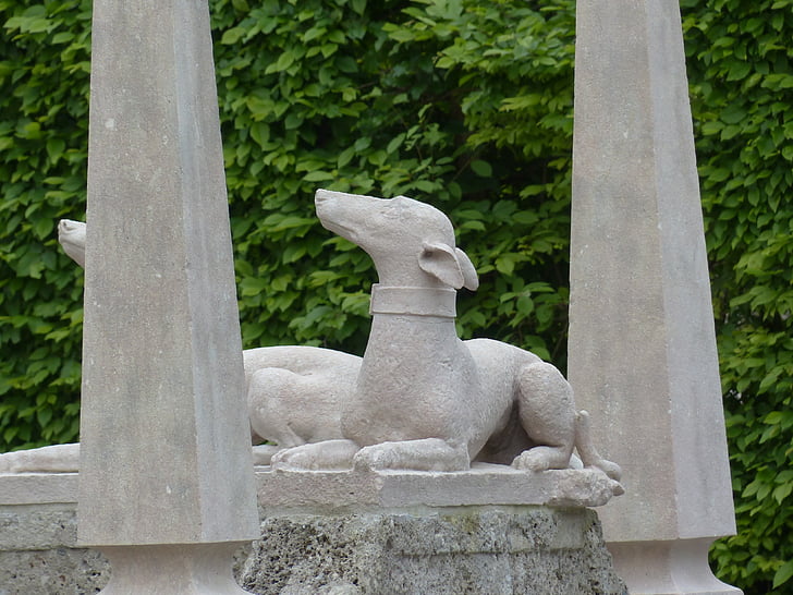 stone figure, dog, statue, garden statue, hellbrunn, mannerist garden, ornamental garden