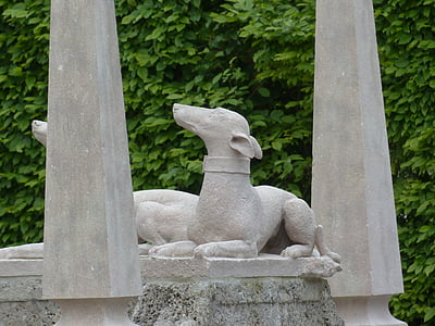figure Pierre, chien, statue de, statue de jardin, Hellbrunn, jardin maniériste, jardin d’ornement