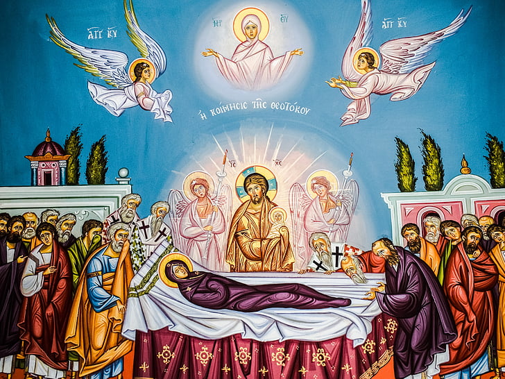 the assumption of virgin mary, iconography, painting, byzantine style, religion, orthodox, church