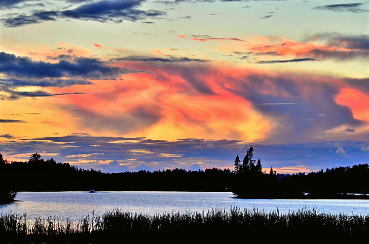 západ slnka, večer, Twilight, Sky, jazero, oblaky, Québec