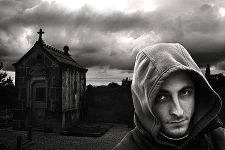 black-and-white, hood, man, mysterious, portrait, terror, black And White