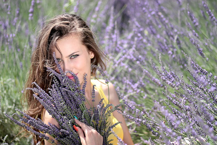 girl, lavender, flowers, mov, beauty, nature, flower
