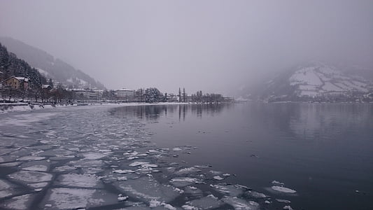 zimné, jazero, ľad, hmla, reflexie, Príroda, pokoj