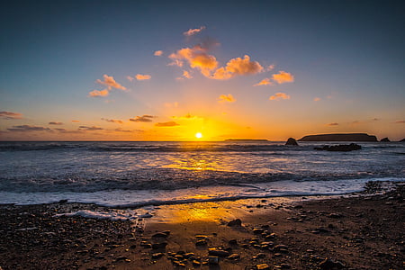 Sunset, Ocean, Wales, Beach, England, havet, natur