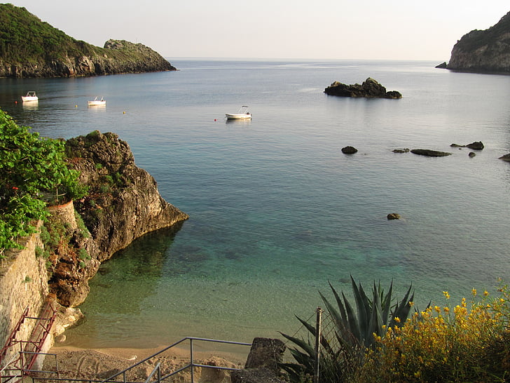 zee, geboekt, Corfu, Griekenland, strand, rest, vakantie