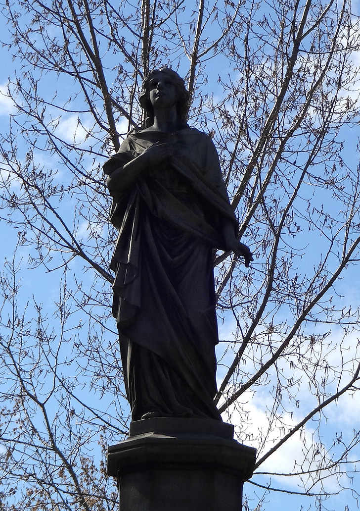 statue, monument, woman, outdoors, sky, clouds, cemetery