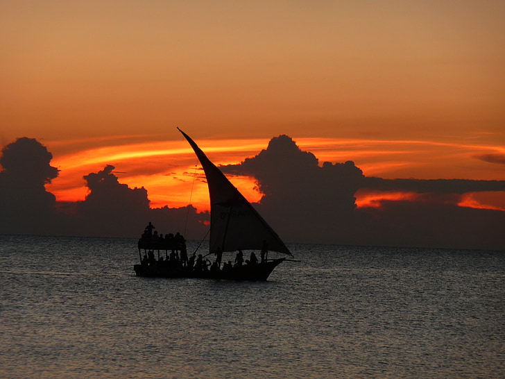pôr do sol, Zanzibar, mar, noite, céu, laranja, barco
