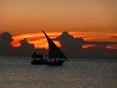 solnedgang, Zanzibar, sjøen, kveld, himmelen, oransje, båt
