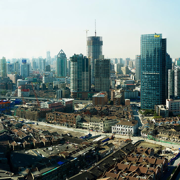 Panorama, Šanhaja, lielās pilsētas, Ķīna, ēka, Debesskrāpis, siluets