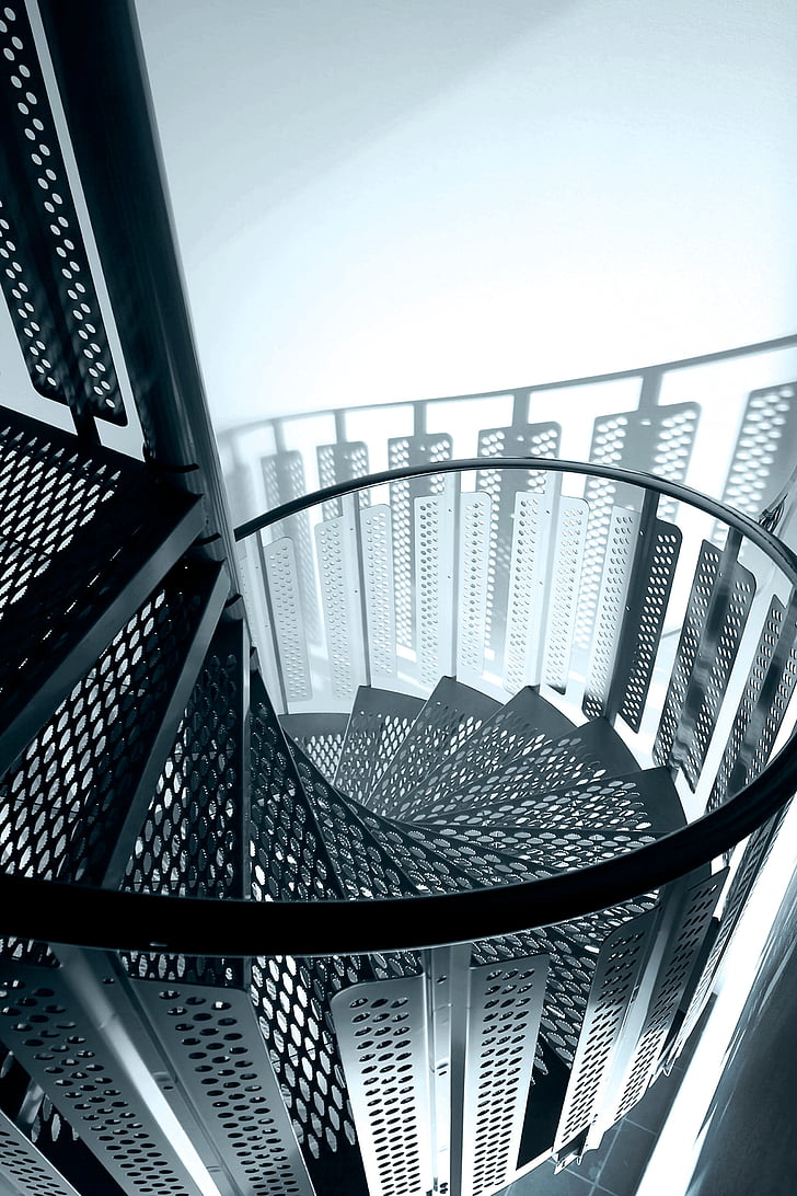 photograph, gray, mesh, spiral, stairs, silhouette, steel