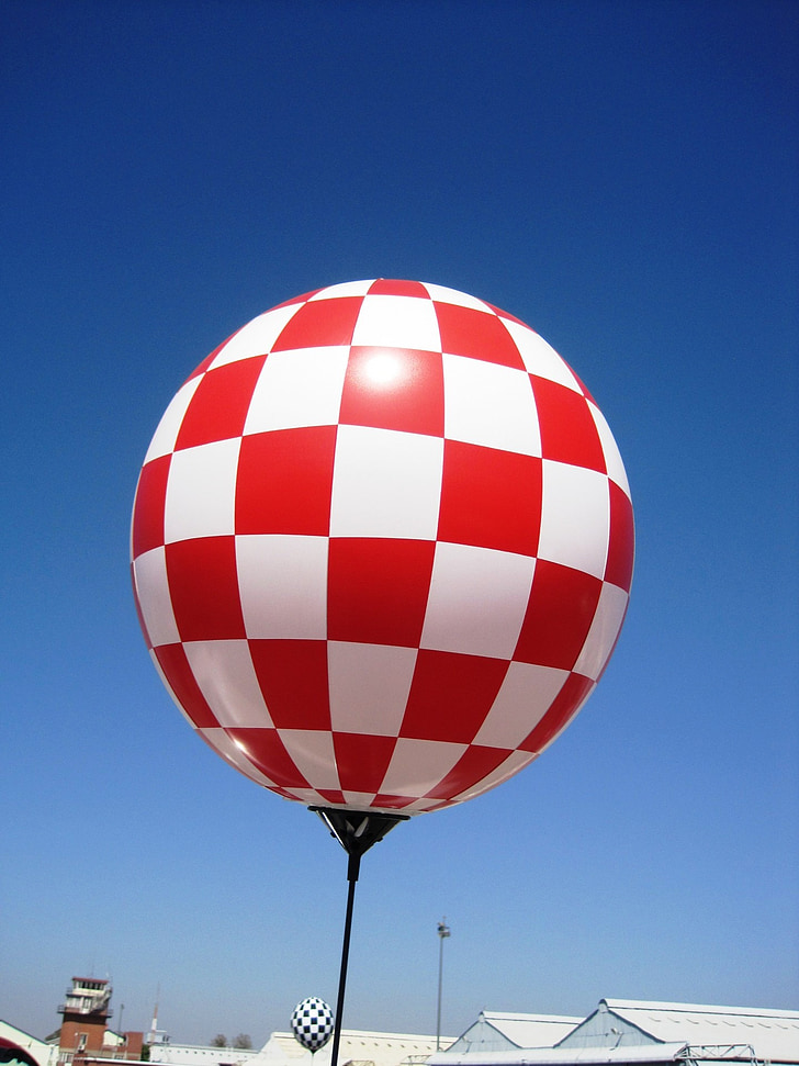 balloon, checkered, red, white, blocks, pattern, repetition