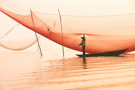 fisherman, landscape, mar, nautical Vessel, sea, sunset, water