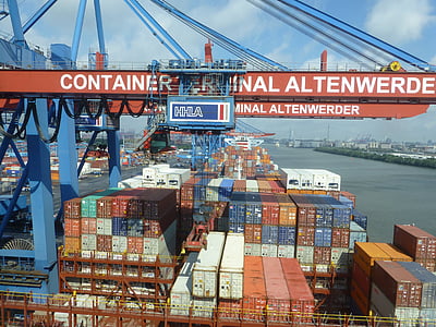 konténer, konténer Bakdaru, Hamburg, daru betöltése, konténer daru, áruk kezelése, konténerszállító hajó