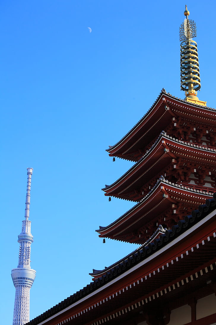 Architektura, Japonsko, Senso-ji temple, chrám, Tokio, Tokyo skytree, věž