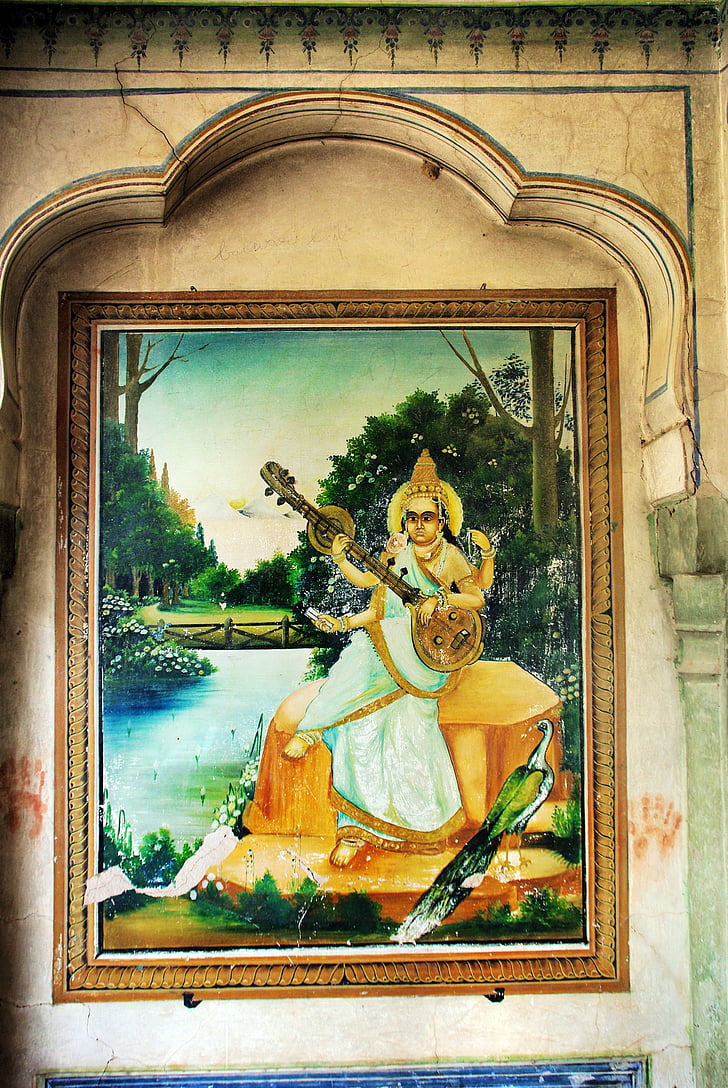 India, Rajastan, shekawati, mandawa, fresco, muur, schilderijen