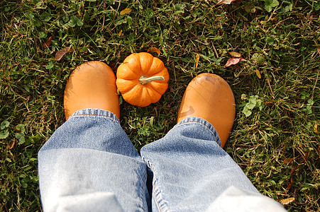 fall, autumn, pumpkin, garden clogs, grass, ground, jeans