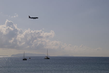 avió, embarcacions, Mar, vol, núvols, fusta