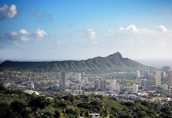 de skyline van Honolulu, Hawaii, Diamond head, stadsgezicht, schilderachtige, eiland, Oahu