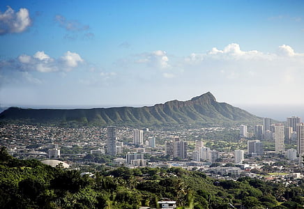 horitzó de Honolulu, Hawaii, Diamond head, paisatge urbà, escèniques, illa, Oahu