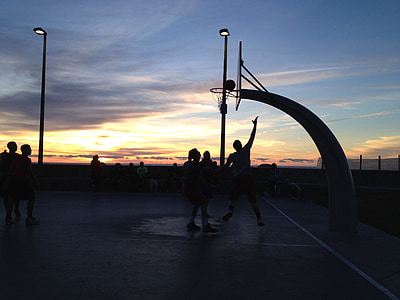 Koripallo, Sunset, siluetti, urheilu, pallo, peli, taivas