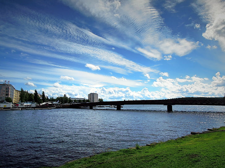 Savonlinna, Jembatan, Kota, pemandangan, Pantai, biru, langit