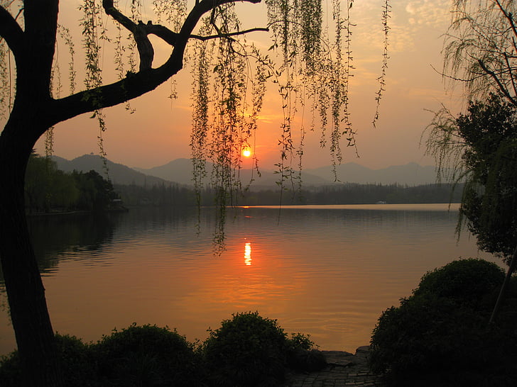 lake, sunset, nature, landscape