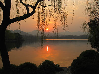 Lac, coucher de soleil, nature, paysage