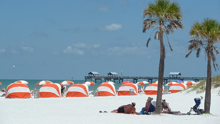 beach, sandy beach, holiday, sea, cabanas, palms