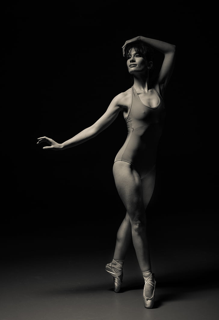 grayscale, photo, woman, wearing, gray, leotards, people