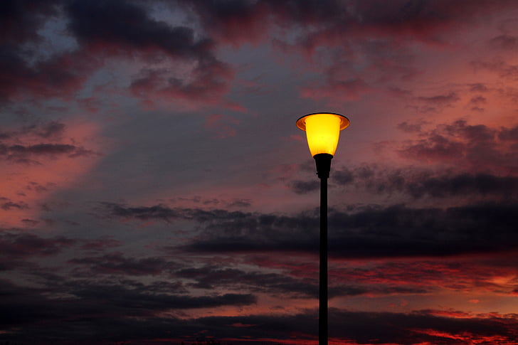 zonsopgang, lantaarn, hemel, rood, wolk, mooi, elektrische lamp