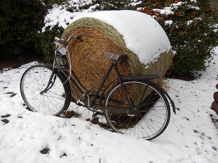 winter, bike, snow, hay