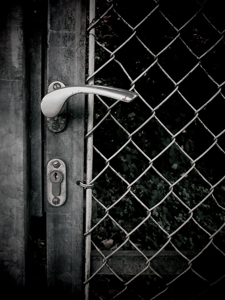 vrata, vrata zatvornica, kljuke, zaprta, mreža, črno-belo