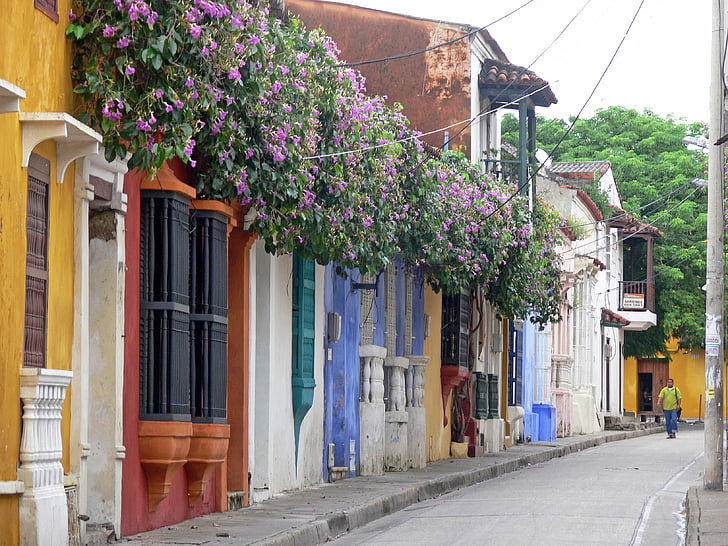 Colômbia, Cartagena das Índias, fachadas, rua, colorido, edifícios, flores