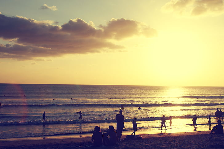 Sunset beach, folk sammen, stranden, Sommer, solnedgang, folk, sjøen