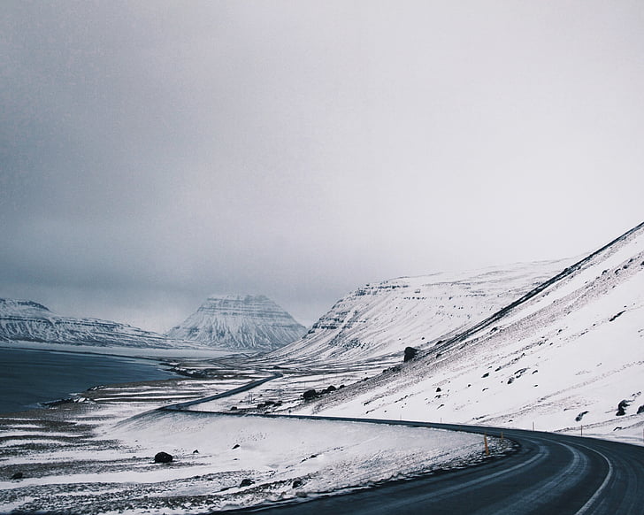 grå, skala, fotografering, molnet, Mountain, snö, Road