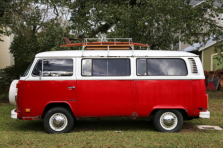màu đỏ, trắng, Volkswagen, Van, cỏ, khu vực, bóng râm