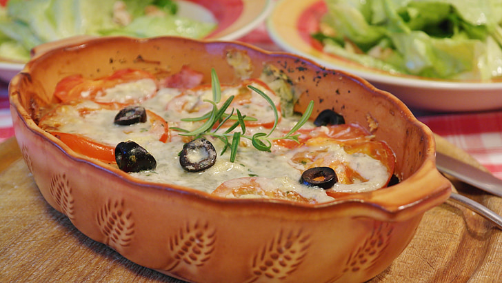 menjar, formatge, kohlrabi, tomàquets, gratinat, àpat, olives